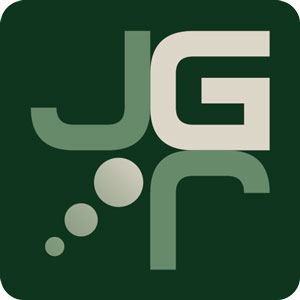 Logo for Julia Janning's portfolio, featuring her initials, J, G, and J arranged radially on a green background