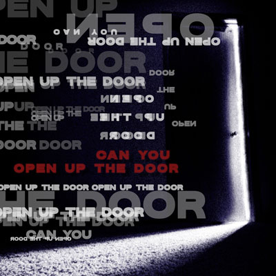 Album cover for Billie Eilish's "CHIHIRO" featuring the repeating text "open up the door" and a dark background with a door