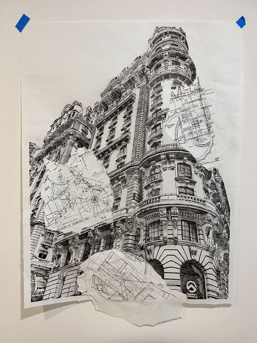 Ink drawing of a building at worm's eye view with scraps of blueprint paper glued onto it