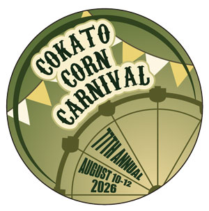 Digital art of a green and yellow pin/button for the annual Cokato Corn Carnival, with a ferris wheel and a flag garland strung across the top