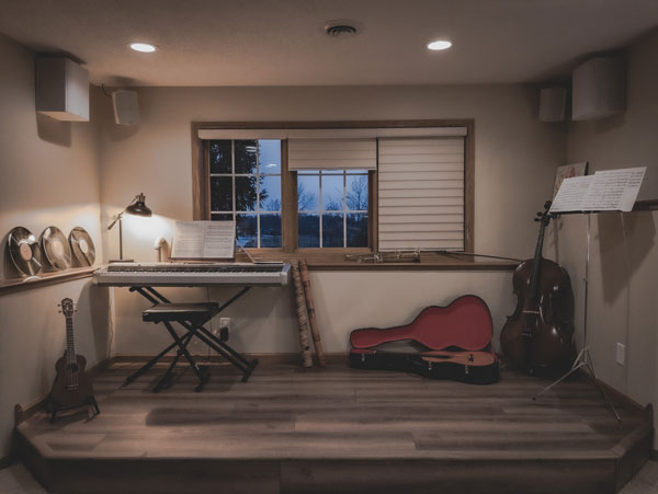 Music practice room with several instruments